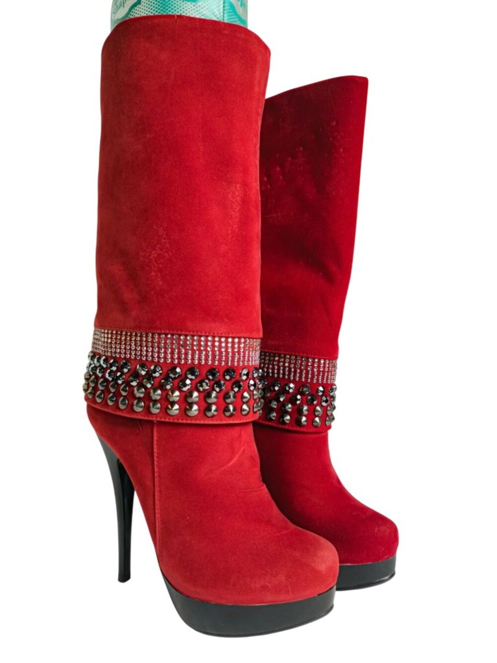 Nancy Li Womens 6 Heel Boots Red Suede Rhinestone Stiletto Designer Knee-High